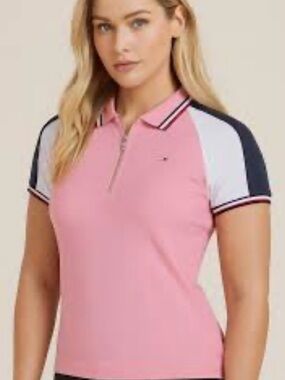 NEW! Tommy Hilfiger Pink, White & Navy Zip Polo L